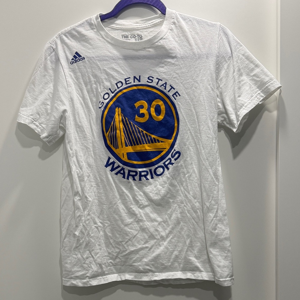 Adidas White CURRY NBA T-Shirt with Blue and Gold Warriors Logo